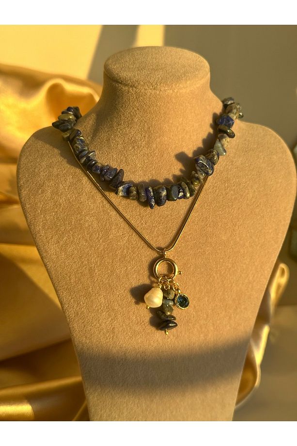 Lapis Lazuli İnci Çelik Charm Kolye - 3