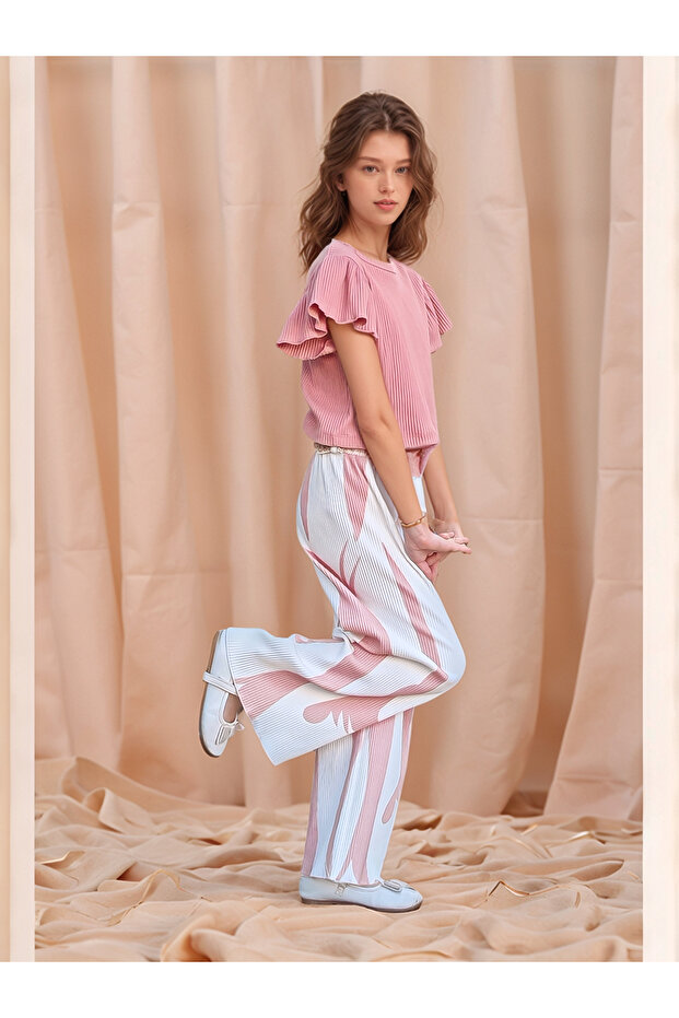 Children's 100% Cotton Belt Detailed Double Suit Blouse&Pants