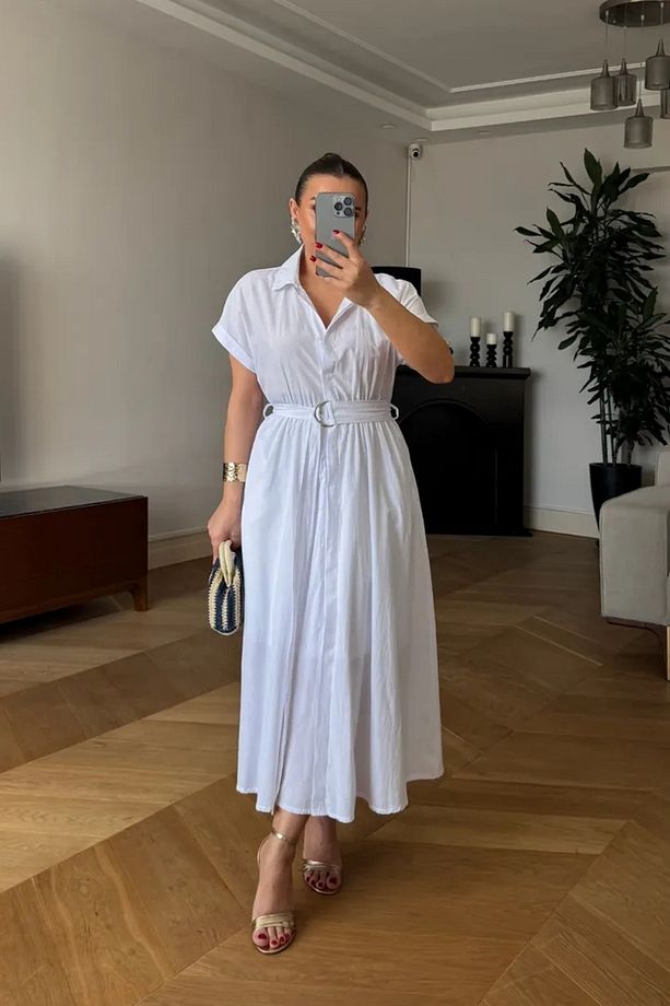 Poplin Midi Gömlek Elbise - 1