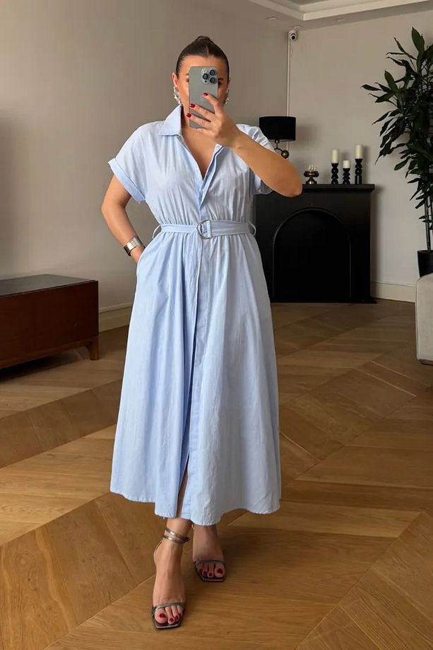 Poplin Midi Gömlek Elbise - 1