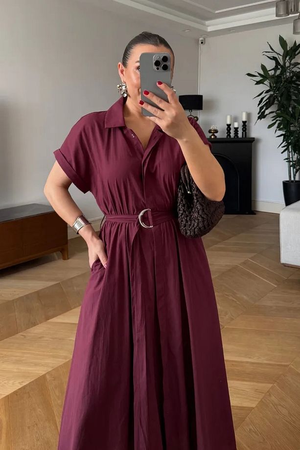 Poplin Midi Gömlek Elbise - 5