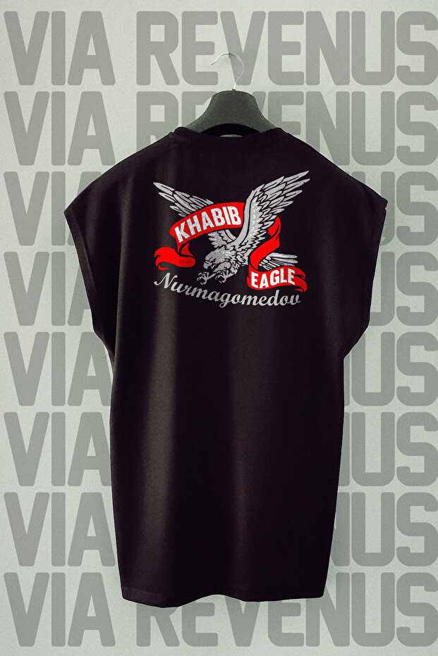 تيشيرت رياضي برقبة دائرية وأكمام مطبوعة من الخلف من Khabib Eagle UFC