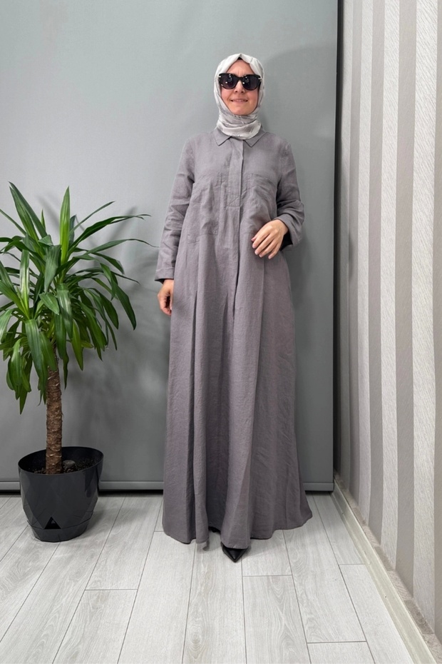 Solid Color Linen Shirt Dress with Pockets Anthracite T25Y-4059