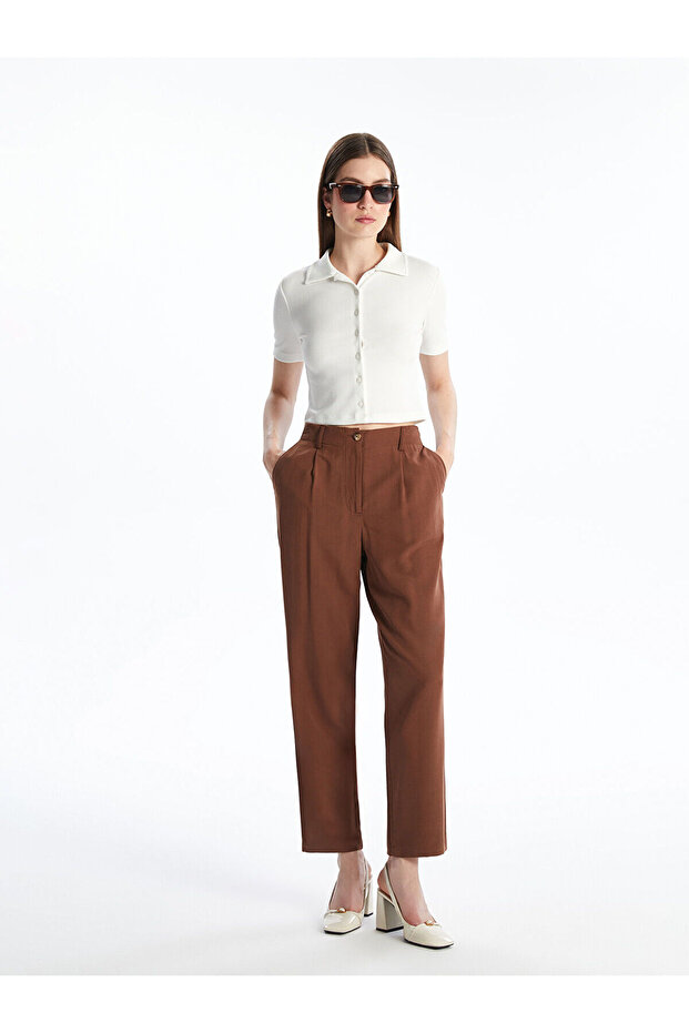 Lcwaikiki Classic Brown Linen Blend Women's Pleated Trousers