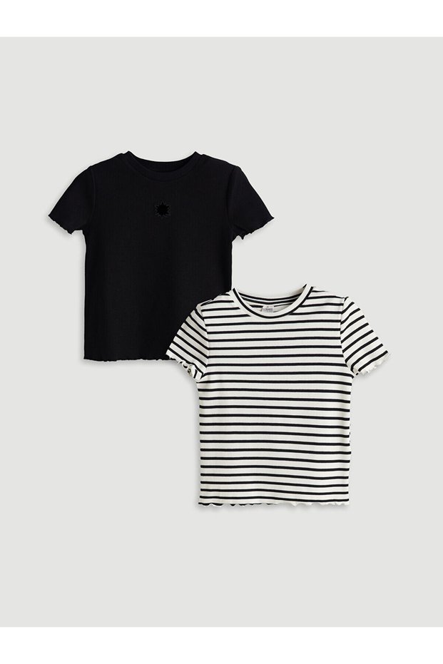 Lcw Kids Black Crew Neck Girls' Crop T-Shirt 2-Piece