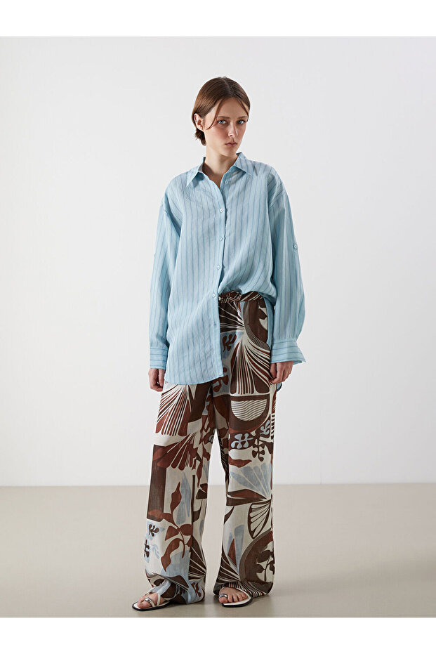 Patterned Wide Leg Women's Trousers with Elastic Waist