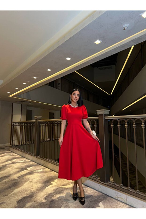 - Red Balloon Sleeve Midi Length Dress