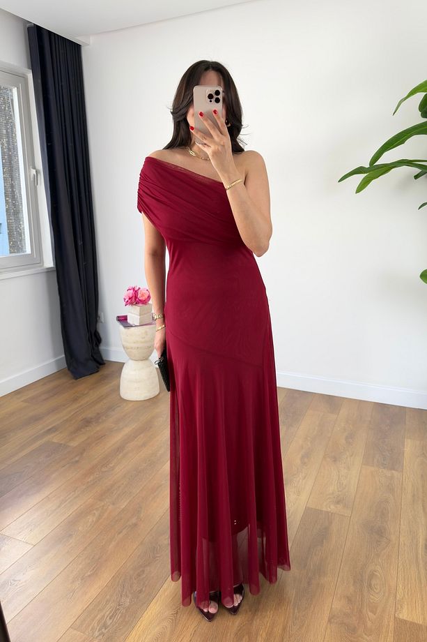 Rany Bordo Tek Omuz Detaylı Astarlı Tül Elbise - 2