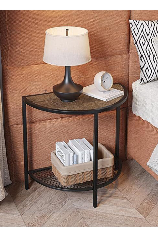 طاولة جانبية نصف دائرية حديثة وبسيطة لغرفة النوم، طاولة جانبية فاخرة مزودة بإضاءة تخزين مزدوجة الطبقات - 6