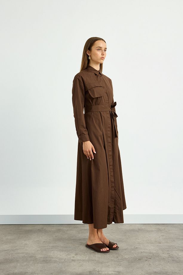 Kahverengi Poplin Trenç Elbise - 3