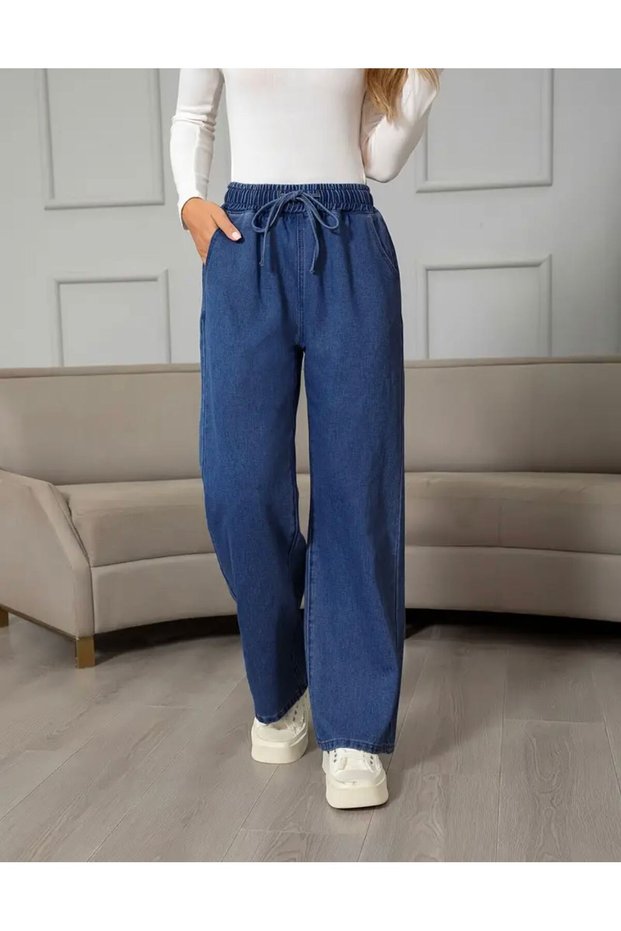 Women's Blue Elastic Waist Lace up Palazzo Jeans