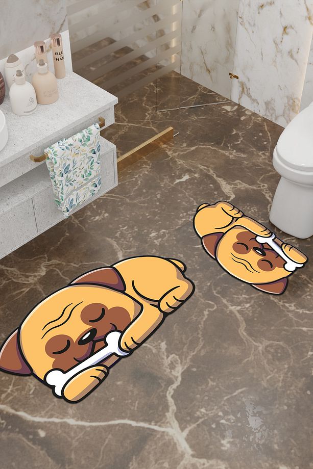 Tatlış Köpek Desenli Eko Banyo Paspası, Kaymaz Taban, Makinada Yıkanabilir, Dijital Baskı 2'li Set - 2