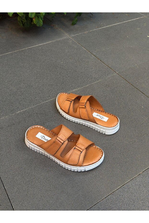 Diva Taba Deri Çift Cırtlı Kadın Ortopedik Terlik - 3