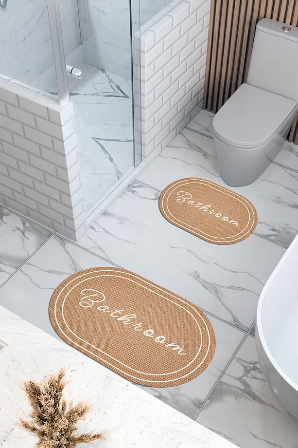 Hasır Desenli Eko Banyo Paspası, Kaymaz Taban, Makinada Yıkanabilir, Dijital Baskı 2'li Set - 2