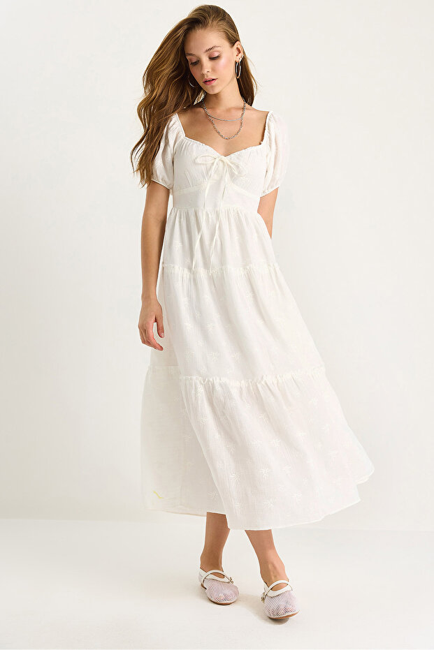 Women's White Self-Floral Embroidered Lined Muslin Dress 5259 60281102