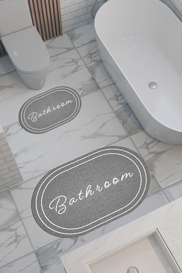 Hasır Desenli Eko Banyo Paspası, Kaymaz Taban, Makinada Yıkanabilir, Dijital Baskı 2'li Set - 1