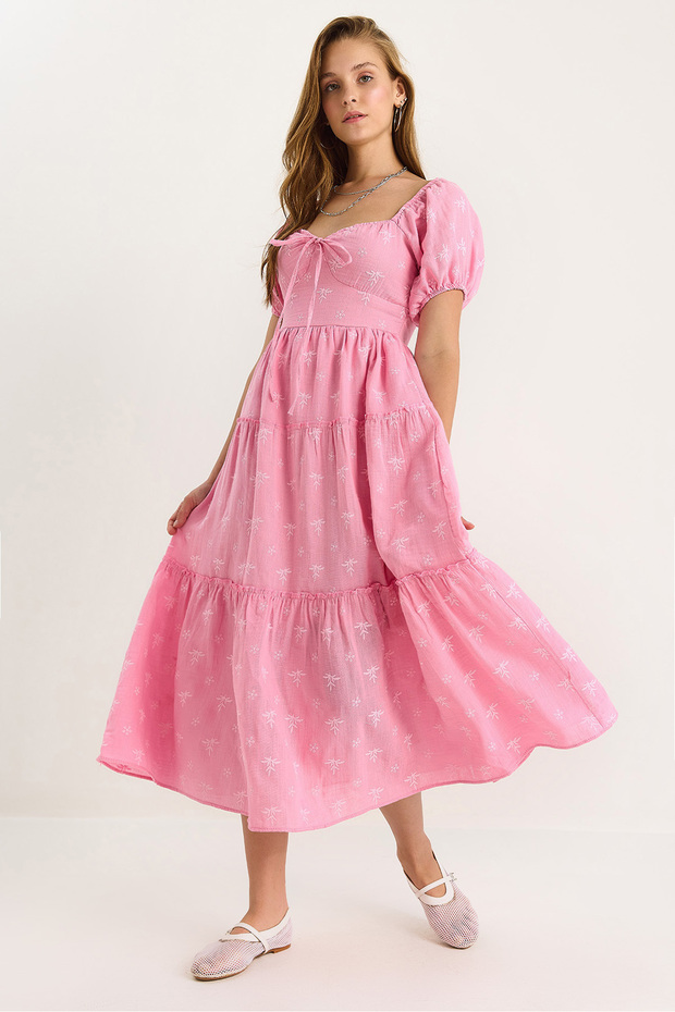 Women's Candy Pink Self-Floral Embroidered Lined Muslin Dress 5259 60281102