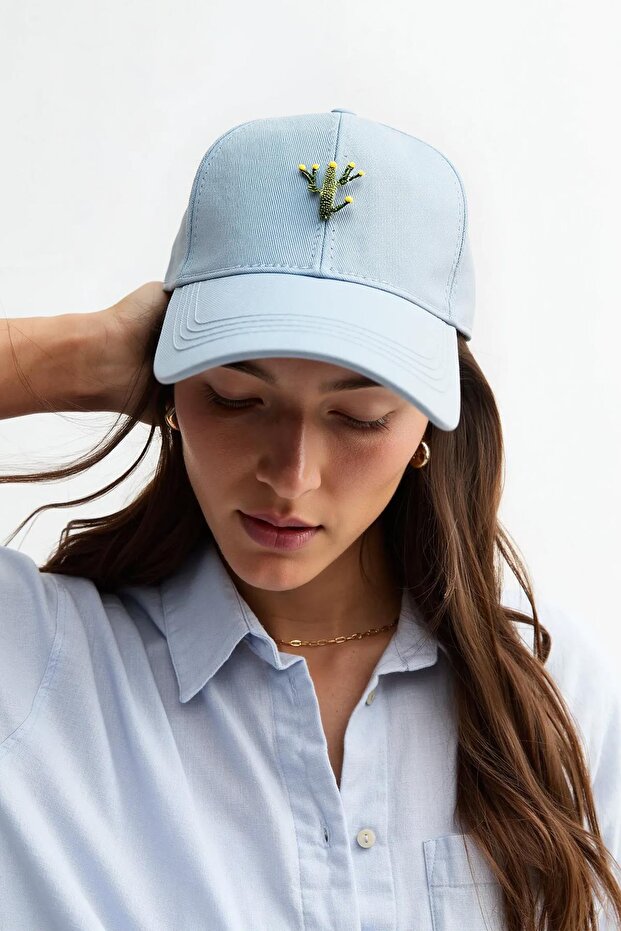 Premium Baseball Cap with Baby Blue Cactus Pin Badge