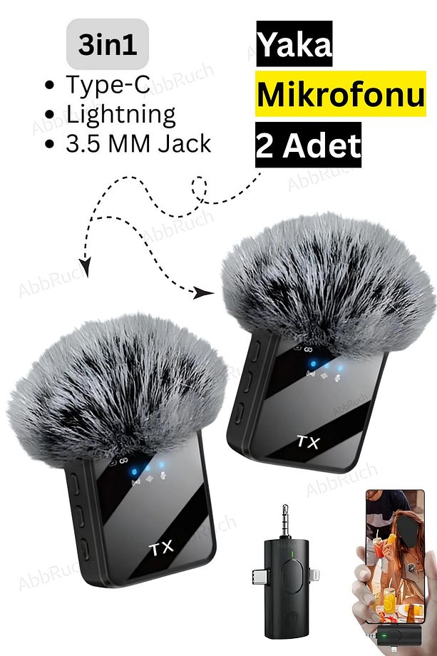 By Sabron 2 Adet F11 Profesyonel Kablosuz Yaka Mikrofonu 3in1 Mikrofon Type-C/Lightning/Jack - 1