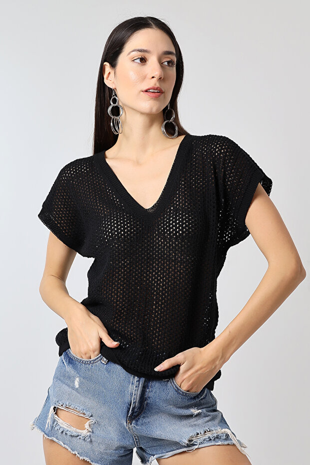 Women's V-Neck Openwork Knitwear Blouse Black