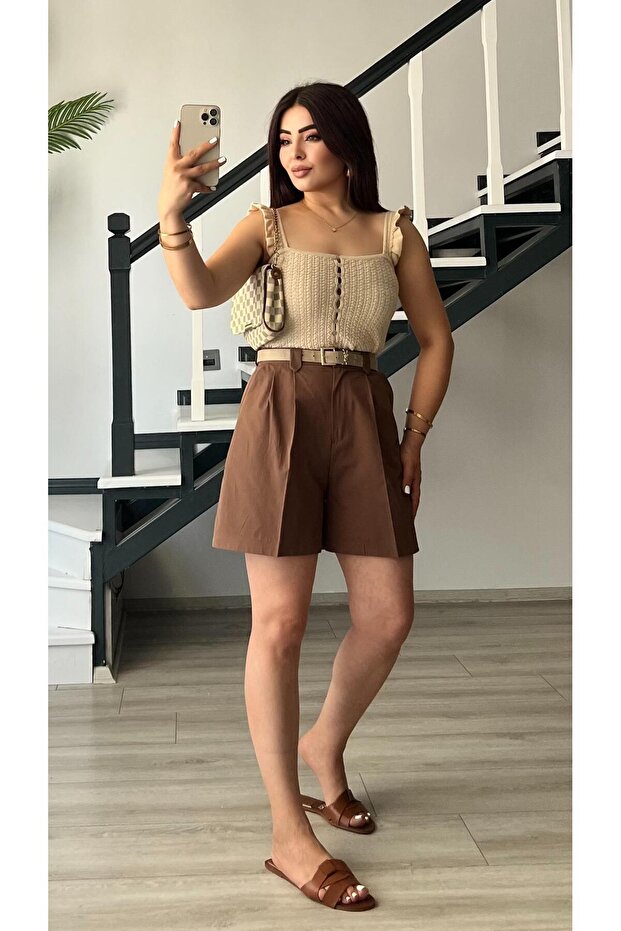 بلوزة مكشكشة باللون البيج - 5