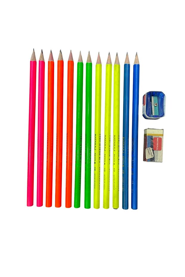 Neon Triangle Body Pencil 12 Pack with Eraser & Sharpener Gift (Hb)