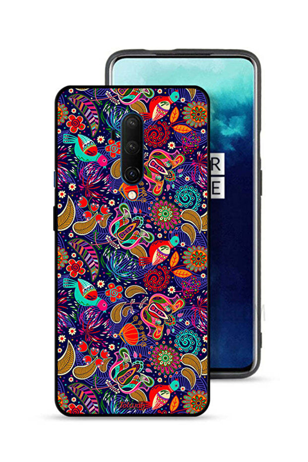 غطاء حماية لهاتف OnePlus 7T Pro بنمط أوراق طيور وزهور ملونة