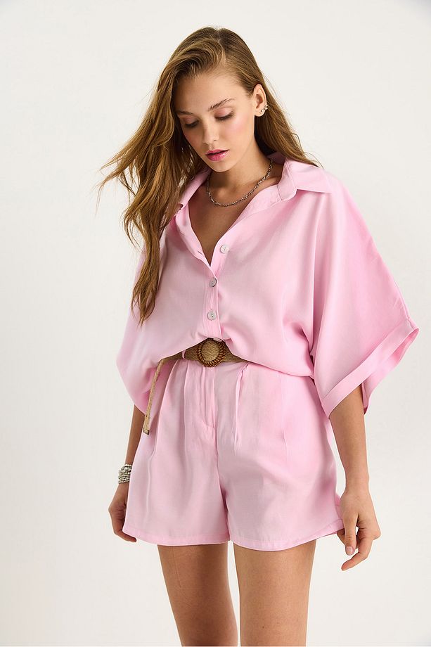 Kadın Yarasa Kol Oversize Gömlek Hasır Kemerli Şort Modal Takım 4010 60283476 - 4