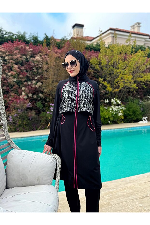 MOODBASİC SWİMWEAR GARNİLİ DESENLİ TESETTÜR MAYO - 1