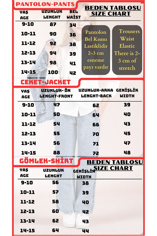 Genç Kız %100 Pamuk 3'lü Set Takım Kot Pantolon-Kot Yelek-Şifon Gömlek - 3