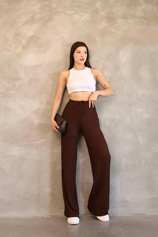 Brown Wrinkled Textured Wide Leg High Waist Comfortable Fit Trousers