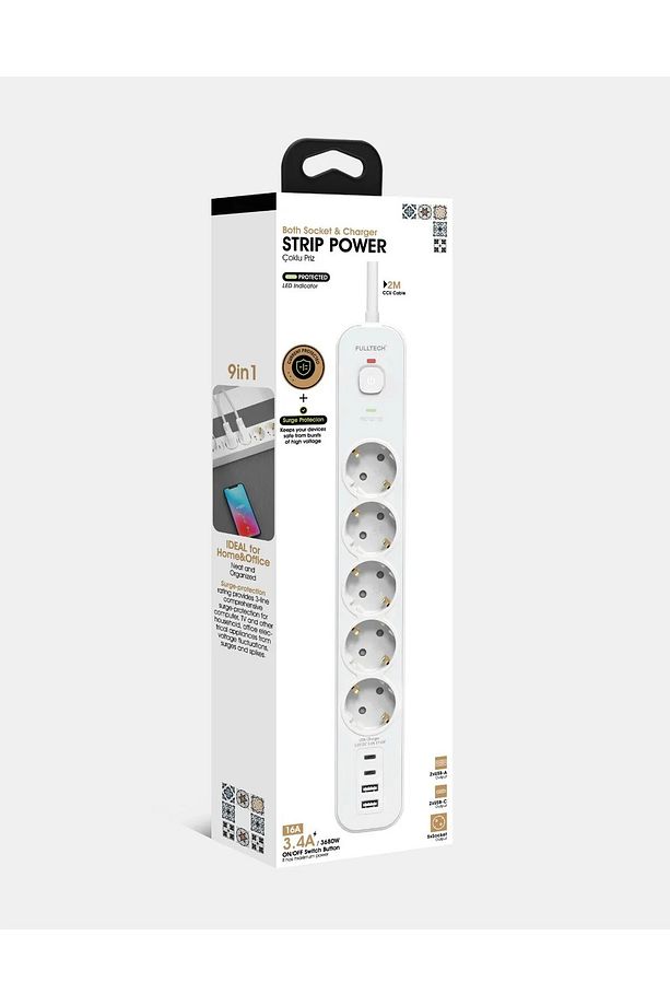 2 MT Uzatma Kablosu Çoklu Priz Yüksek Gerilim Korumalı 5'Lİ Priz 2X USB 2X Type-C Çıkışlı Priz - 2