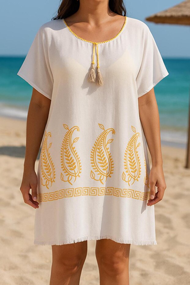 White Yellow Patterned Tasseled Beach Dress – Bohemian Cotton Pareo Tunic