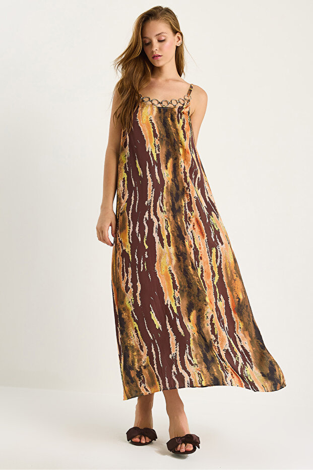 Women's Brown Collar Accessory Detailed Thin Strap Satin Dress 3479 60283492