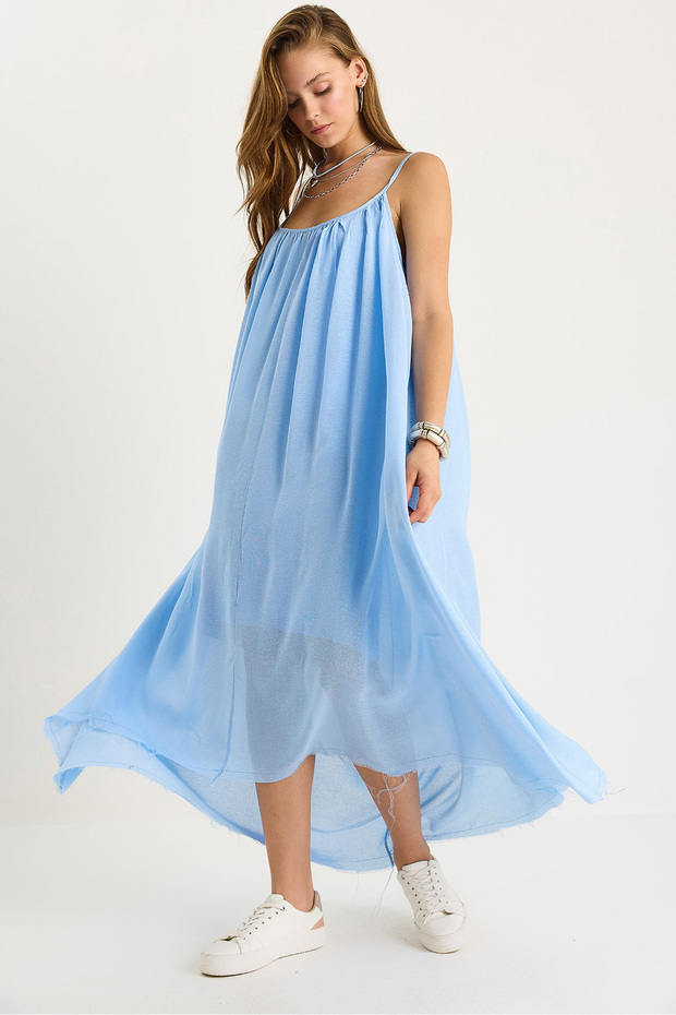 Women's Baby Blue Thin Straps Loose Lined Cotton Summer Long Dress 5971 60281106