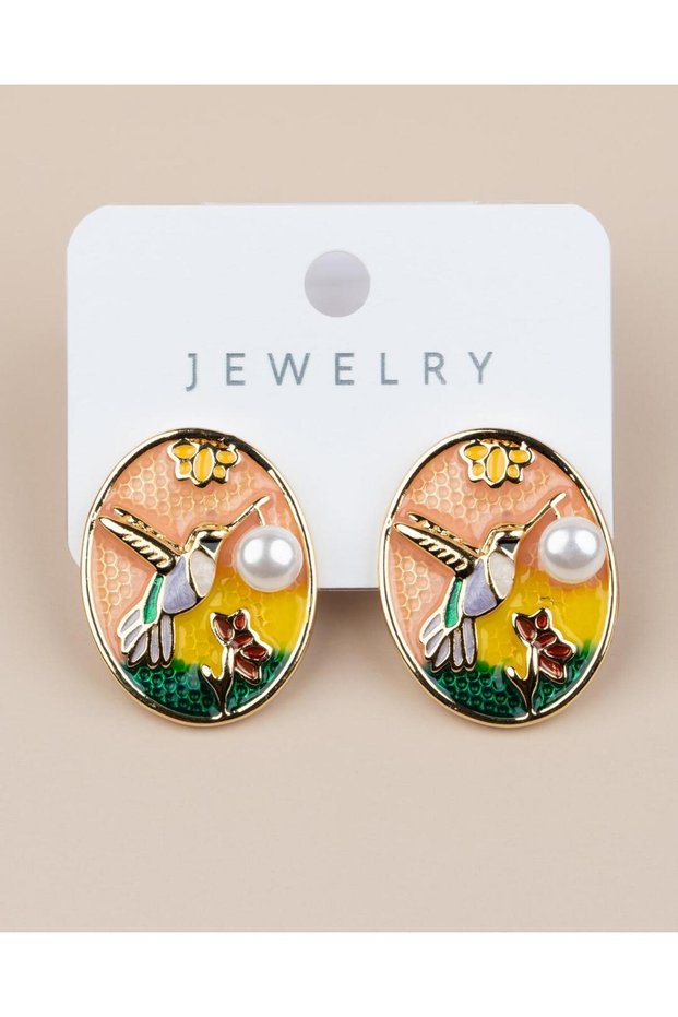 Amelina Bird Motif Enamel Pearl Art Earrings