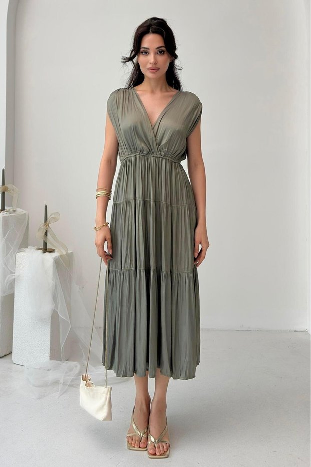Khaki Double Breasted Ruffle Detailed Sleeveless Midi Dress