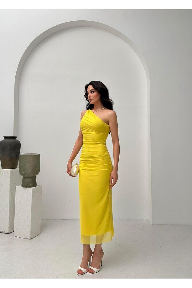Sarı Tek Omuz Midi Elbise - 3
