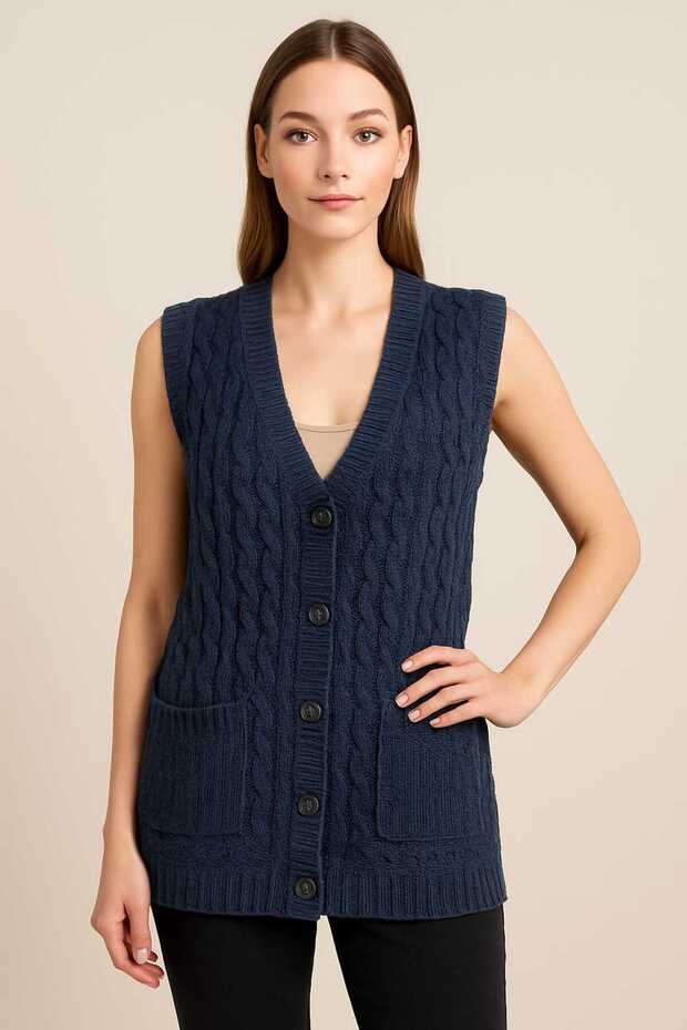 Women's V-Neck Thick Wool Goose Feet Patterned Knitwear Buttoned Pocketed Mother Vest