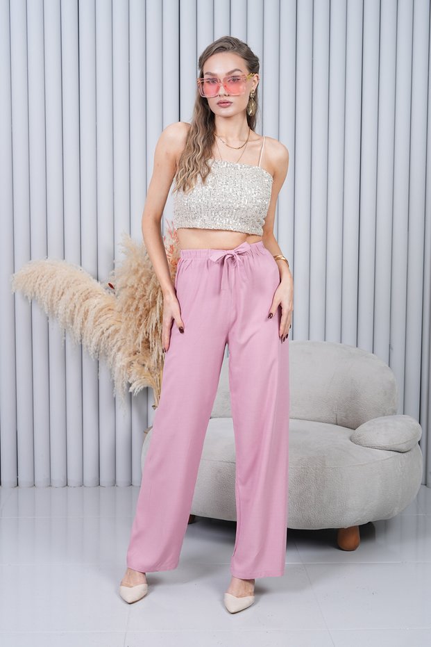 High Waist Loose Leg Powder Pants with Lace-Up Waist