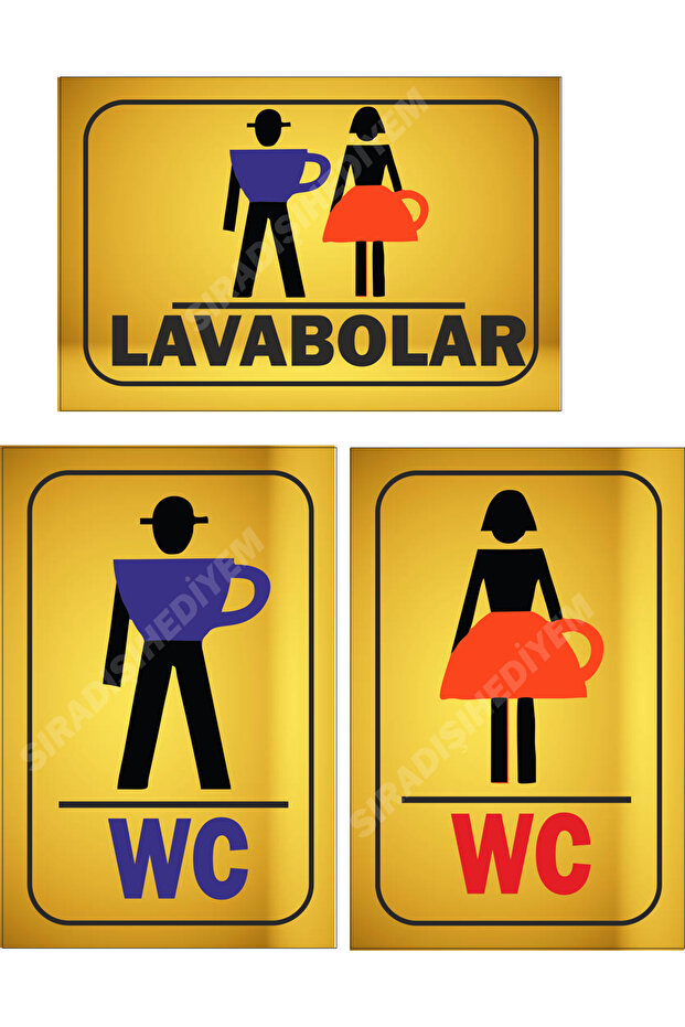 Set of 3 Gold Metal Wc Diversion and Warning Sign 15X10 cm Each