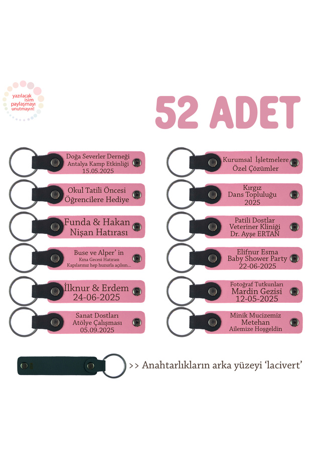 Set of 52, Leather Gift Keychain with Personal Message, Pink & Navy Blue, Gift for Wedding and Engagement