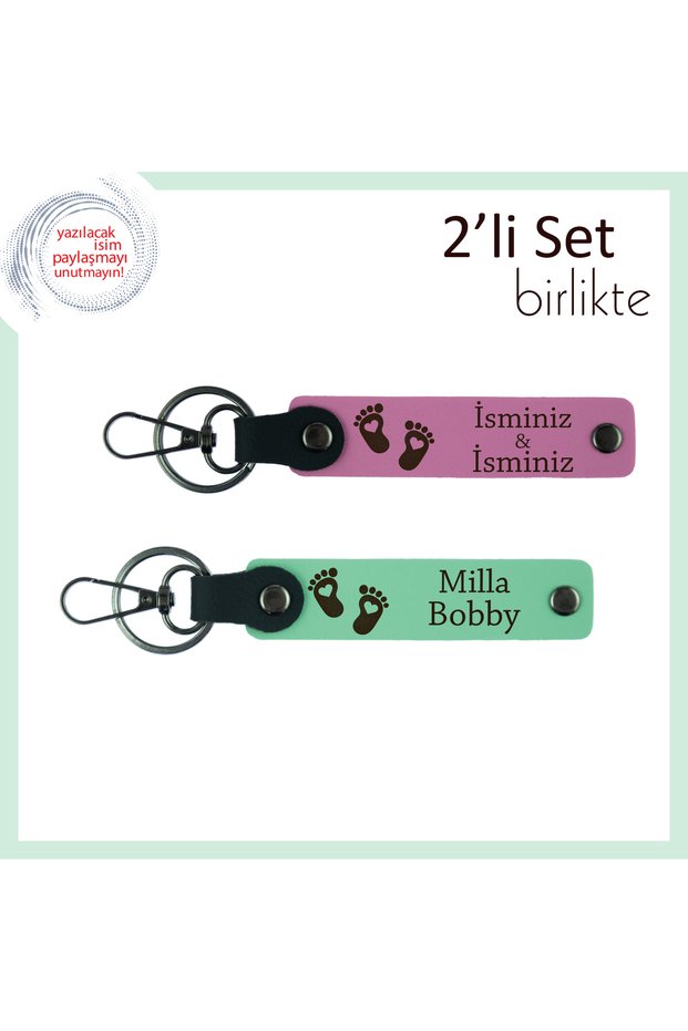 Leather Keychain That Can Be the First Baby Souvenir, Personal Set with Heart Foot Motif, Pink-Light Green