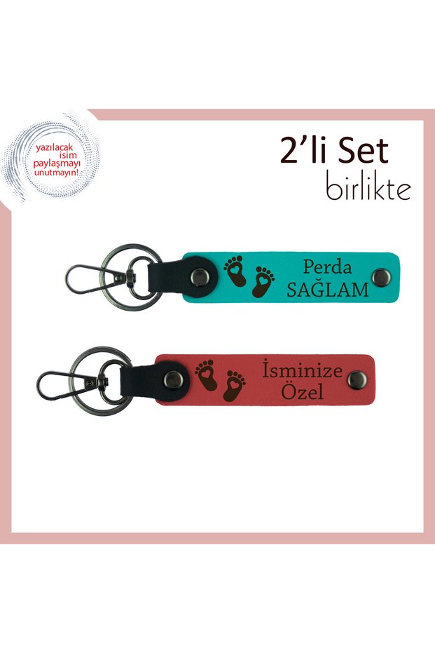 Cute Souvenir for Baby Girl, Leather Keychain Set with Heart and Foot Figure, Name Written, Dark Turquoise-Pomegranate