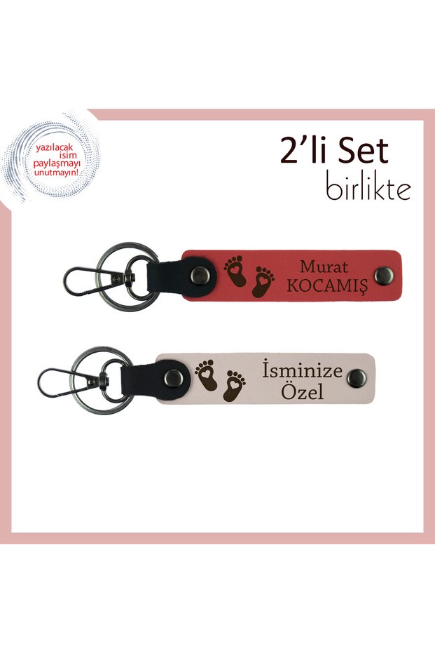 First Souvenir for Wife with Father, Heart and Foot Themed Keychain, Name Writable Design, Pomegranate-Powder