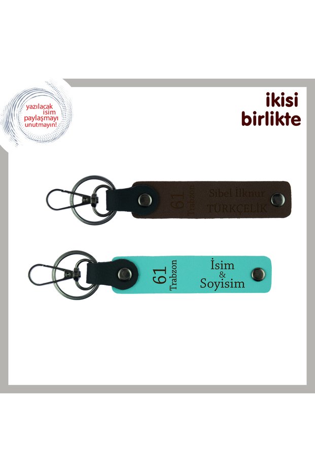 Take Your Love for Comrades into Daily Life, Pair of 61 Trabzon Written Keychains, Dark Brown-Turquoise