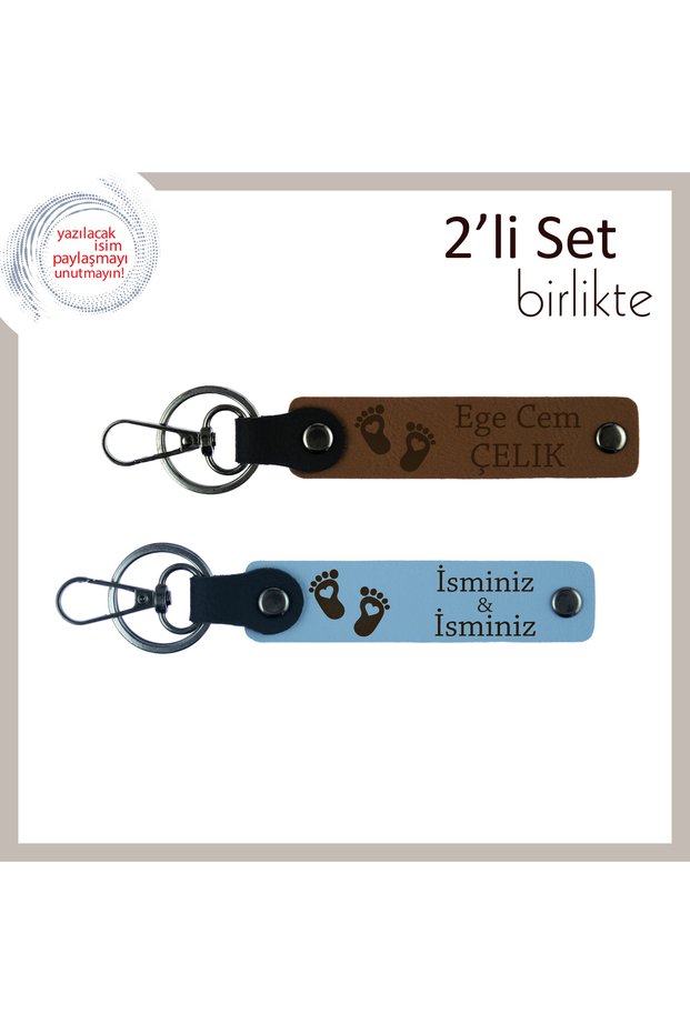 Birthday Baby Shower Gift, Personal Keychain Set with Heart Baby Foot Motif, Light Brown-Blue