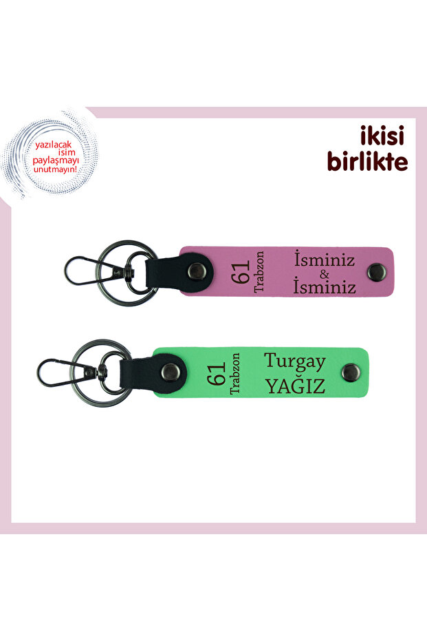 61 Themed Personal Leather Keychain X2, Pink-Pistachio Green, Friendship Crown Gift