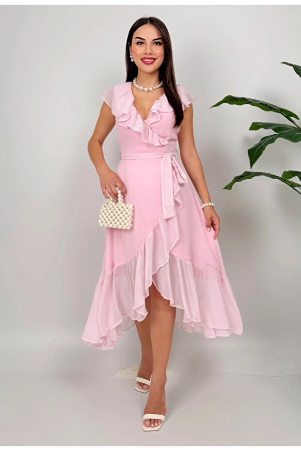 ŞİFON ELBİSE PEMBE - 1