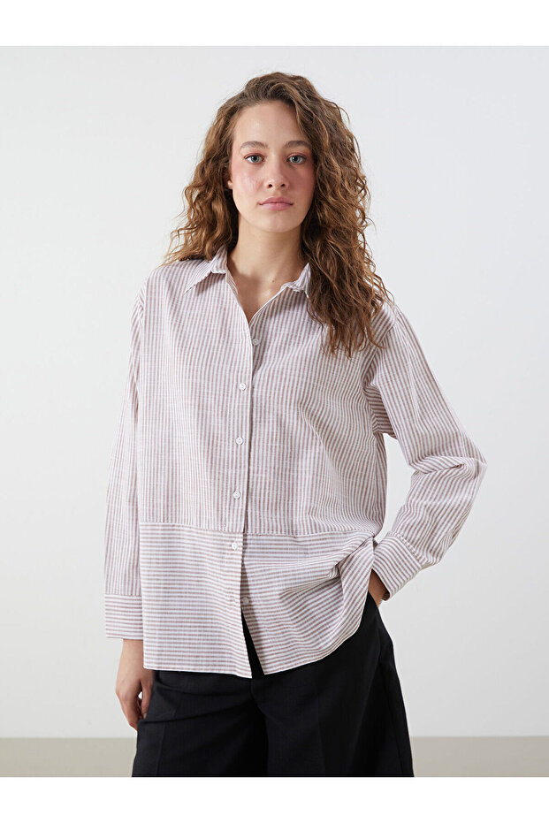 Lcwaikiki classic orange striped poplin women's shirt